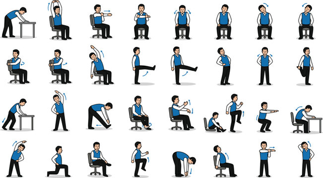 Office Stretching Exercises and Workplace Wellness Character Set Featuring Male Employee Doing Gymnastics at Desk for Health, Posture, and Physical Fitness