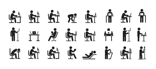 Fototapeta premium Set of office worker icons showing various daily work activities and professional tasks in a clean flat vector style for business communication design.