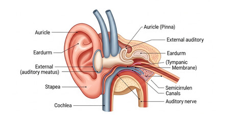 Detailed anatomical illustration of the human ear. © Dina