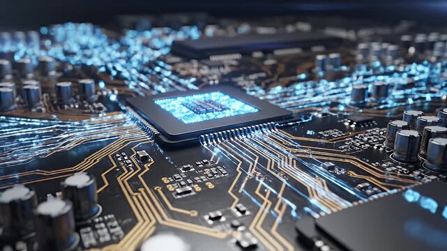 Blue Glowing Integrated Circuit Board - A close-up view of an integrated circuit board features a central processor unit glowing with vibrant blue light.