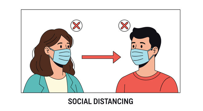 Social distancing concept showing a man and woman wearing masks with an arrow and x symbols for safety rules.