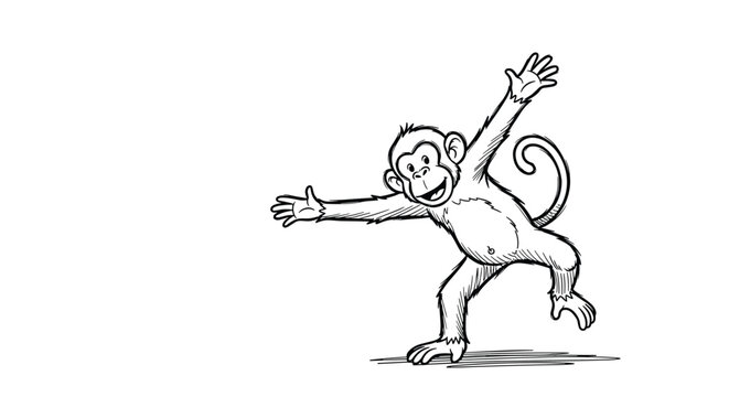 Playful black and white sketch of a happy dancing monkey with arms wide open in a funny cartoon character pose.