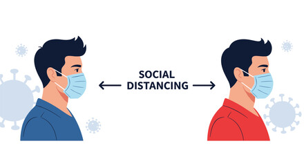Fototapeta premium Two men wearing medical masks and keeping a safe distance from each other for protection in a simple vector flat design.