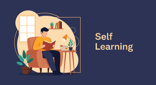 Young man sitting in a comfortable armchair and reading a book for self learning in a cozy and modern home interior.