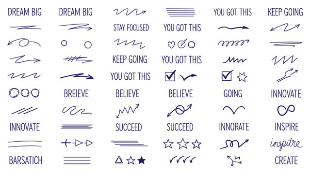Motivational ink set vector illustration pack blue doodles arrows stars hearts inspire go now daily