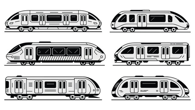 Modern trains side front top views set for rail design and plan vector illustration guide