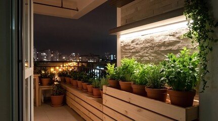 Fototapeta premium Cozy apartment balcony garden at night with potted plants, wooden planters, and soft LED lighting overlooking city skyline. High quality photo