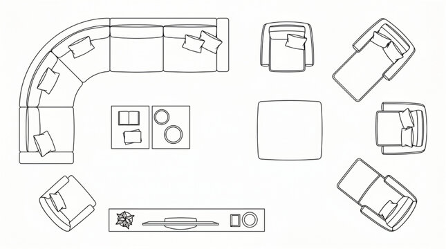 Top View Living Room Furniture Set - 2D Vector Plan Symbols for Interior Design