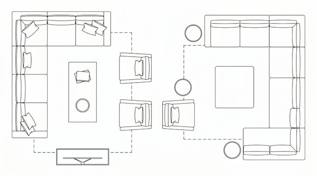 Modern Living Room Layout Icons - Vector L-Shaped Sofa Armchair and Coffee Table