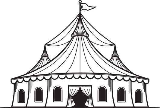Black and white circus tent with triangular flag and striped pattern also transparent background peak