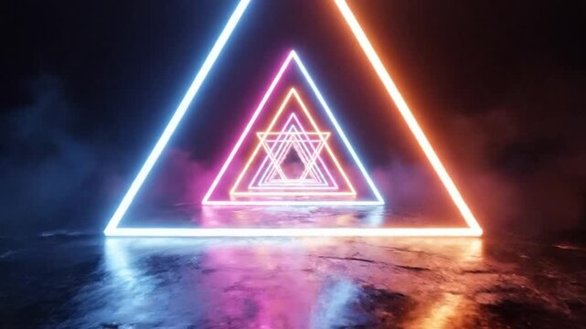 Abstract neon triangle tunnel on dark rocky ground
