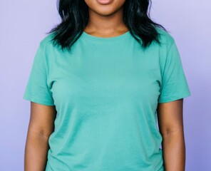Fototapeta premium Woman Wearing Plain Teal T-Shirt for Design Mockup