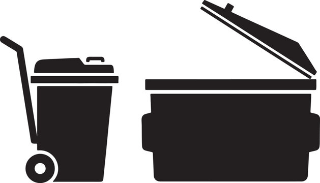 Black silhouette of wheeled trash bin and open dumpster also transparent background, waste container garbage