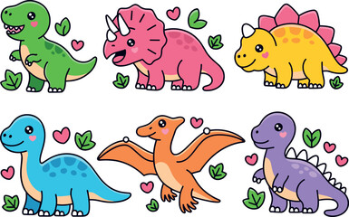 Cute kawaii dinosaur vector character set featuring T-Rex Triceratops Brontosaurus and Stegosaurus with leaves and hearts for kids © MdAbdur