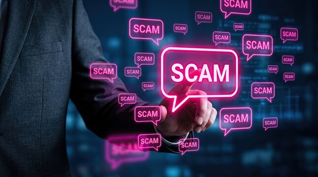 Hand pointing to scam alert button with digital fraud warning network