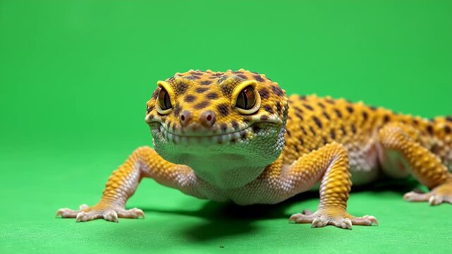 Leopard Gecko Posing on Green Screen - A vibrant leopard gecko with distinctive yellow skin and black spots poses directly at the camera against a bright green screen background.