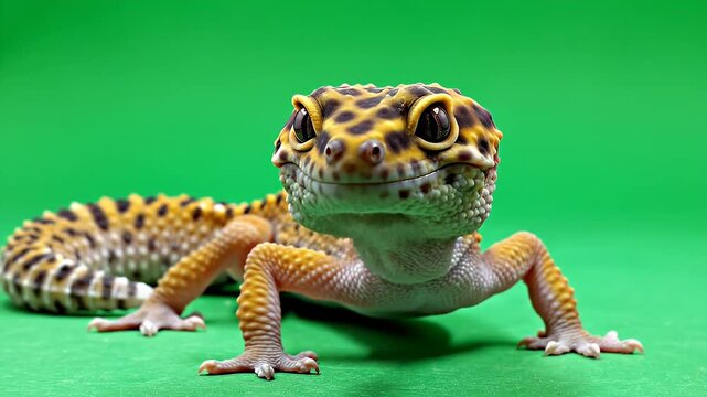 Leopard Gecko Posing Against Green Screen - A vibrant yellow leopard gecko with distinctive black spots is captured in a close-up shot, posing against a solid green background.