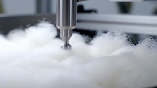 Mechanical Arm Testing Wool Softness - A macro shot captures a sophisticated mechanical arm conducting a quality test on a large pile of soft white wool fibers.