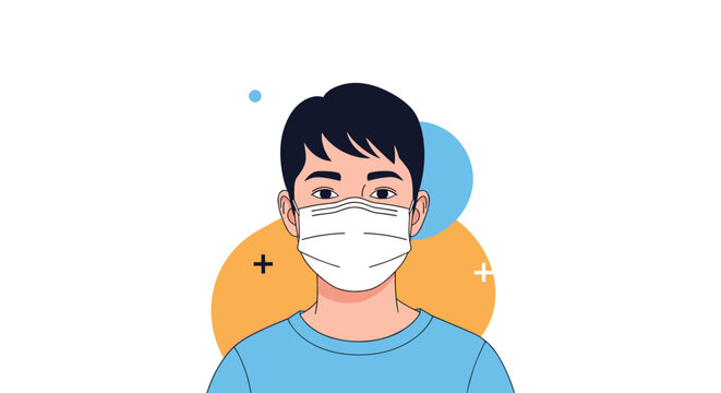 Portrait of a young man wearing a white medical face mask for protection against air pollution and viral infections like covid-19.