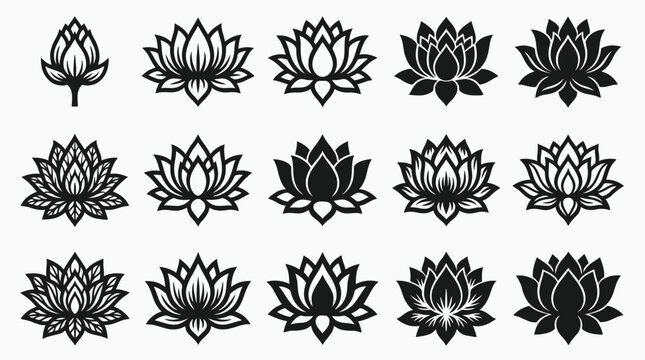 Black lotus flower various styles and shades on white background, floral