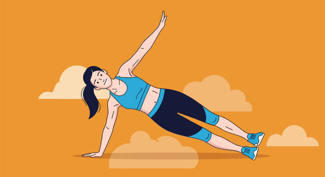 Active young woman in sports clothing performing a side plank exercise outdoors on a sunny day with clouds in the background.