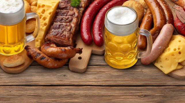 Vintage Wooden Table View with Beer and Delicious Food Spread