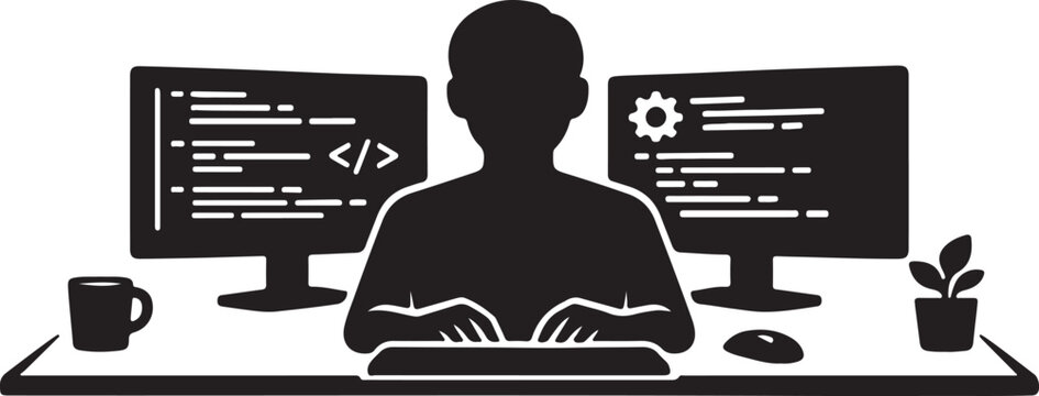 Programmer Working at Dual Monitor Coding Workstation Silhouette
