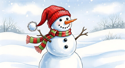 Fototapeta premium Watercolor snowman with red hat festive christmas winter scene illustration