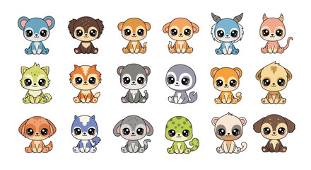 Obraz premium Collection of eighteen colorful and cute cartoon monster characters with large expressive eyes arranged in a grid on a white background for design.