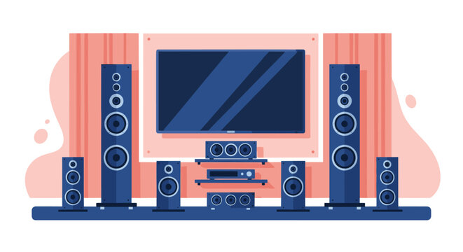 Modern home theater system setup featuring a large flat screen television surrounded by multiple high-fidelity speakers and audio equipment indoors.