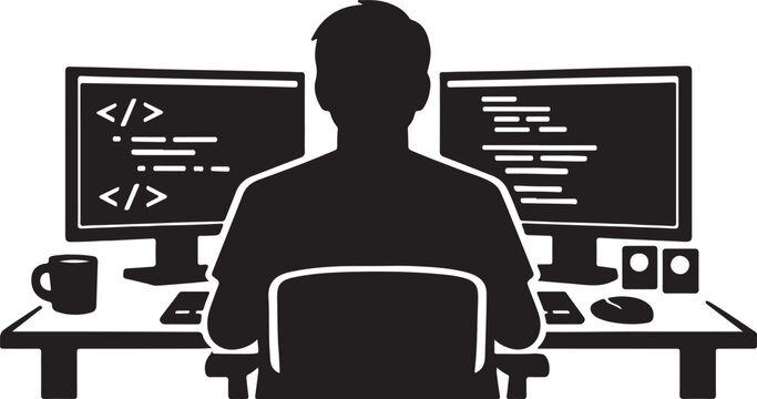 Software Developer Coding at Dual Monitor Workstation Silhouette
