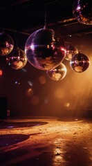 Several disco balls hang and reflect colorful lights in a dark venue with bokeh effects creating a festive party atmosphere. Light beams illuminate the dance floor.