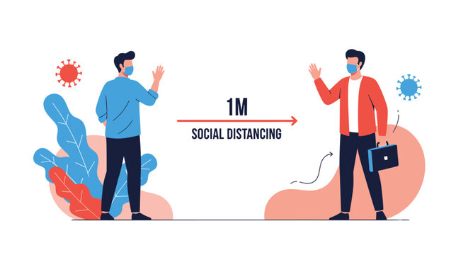 Two men wearing protective face masks maintain social distance of one meter to prevent virus spread in public spaces illustration.
