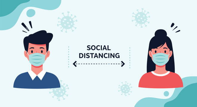 Man and woman wearing medical masks keep a safe distance apart as part of social distancing guidelines during a global health crisis.
