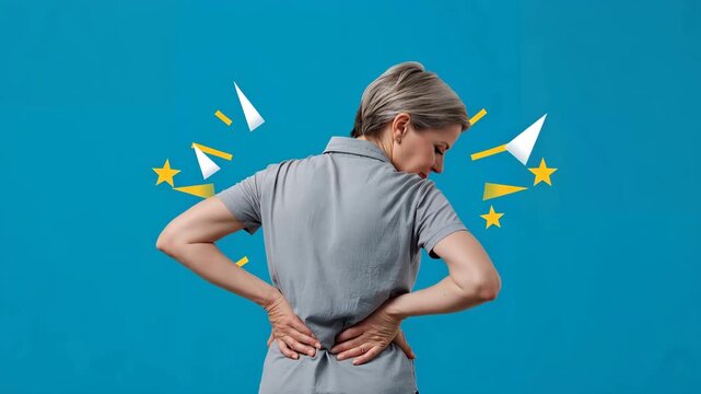 欧州人の女性50代が腰に手を当てる啓発用カット、標識向けの明快な配色