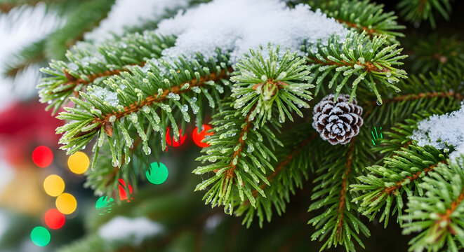 Festive christmas evergreen branch with snow and bokeh lights