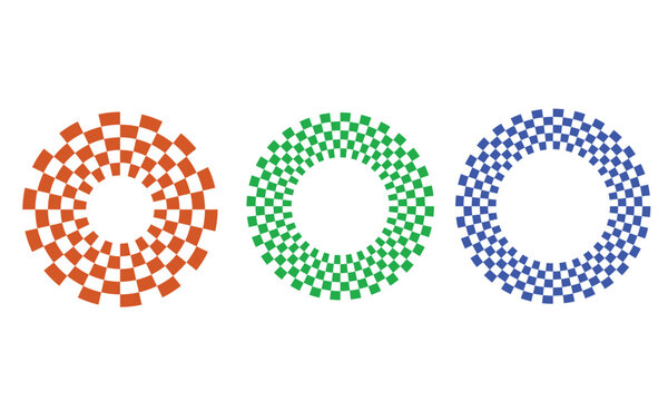 Checkerboard circular patterns orange green and blue vector illustration on white