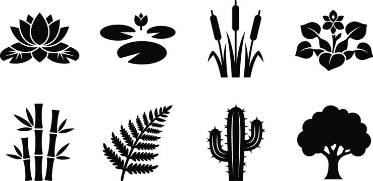 Botanical plant icons set, black nature silhouettes, 8 vector elements