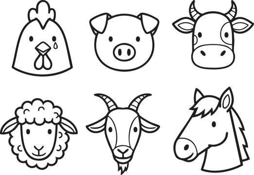 A cute set of funny cartoon farm animal characters featuring a happy cow, pig, sheep, and goat in a flat vector illustration design for baby comic icons