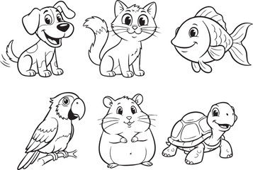 Obraz premium A cute cartoon vector set of funny dogs and happy zoo animals like a lion, tiger, and puppy character for a baby coloring book illustration