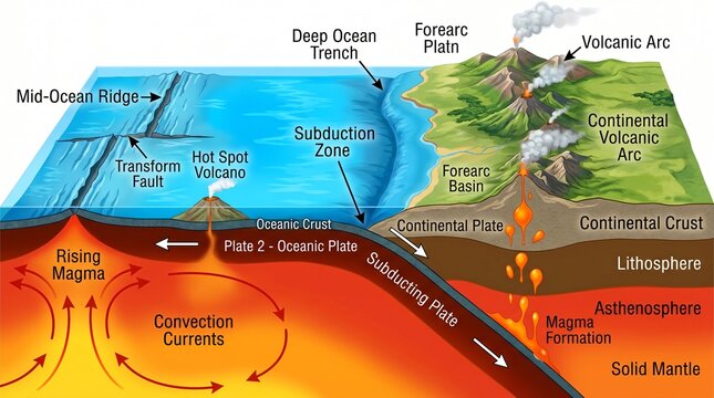 Educational diagram showing plate tectonics subduction zone and volcanic activity in cross section.