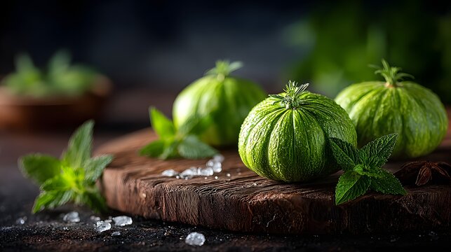 Fresh pattypan squashes sit with mint sprigs atop a dark wooden board.