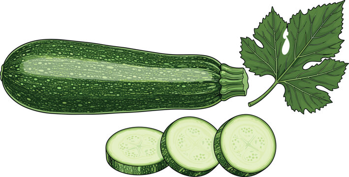 Hand Drawn Zucchini Vegetable with Slices and Leaf Illustration for Food, Cooking, and Healthy Eating Design Projects