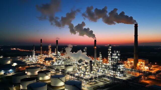 Oil Refinery at Twilight - An expansive oil refinery complex glows brightly at twilight, with numerous industrial structures and storage tanks illuminated.
