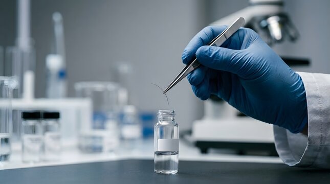 Close-up of a researcher handling a biological specimen for DNA and RNA testing in a high-tech lab environment, ideal for forensic science, medical investigation, and clinical study concepts