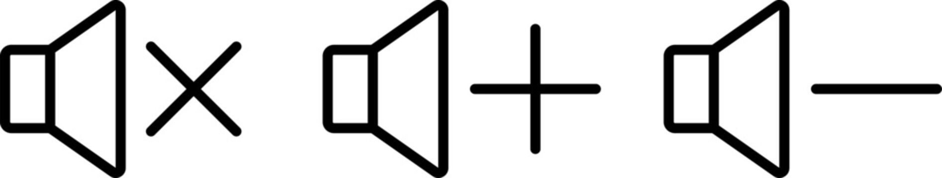 Volume mute, increase and decrease sound icons set