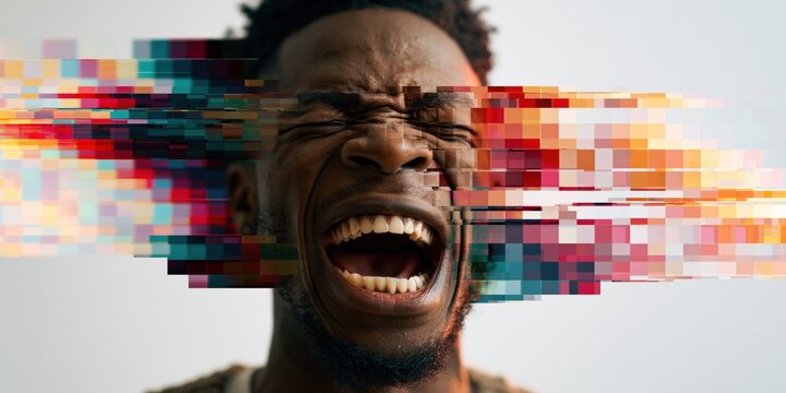 Young man screaming with digital glitch effect in studio setting