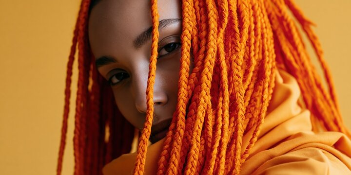 Close up woman peeking through orange braids against yellow backdrop