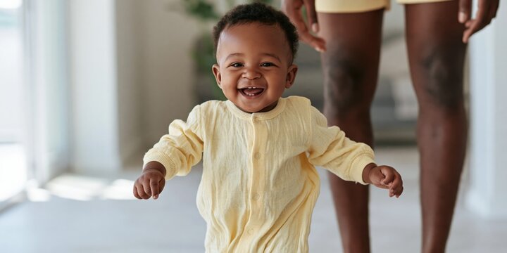 Baby walking toward camera supported by adult legs in hallway