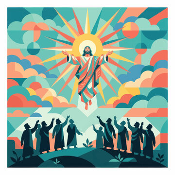 Jesus Ascends to Heaven Surrounded by Disciples and Radiant Light.